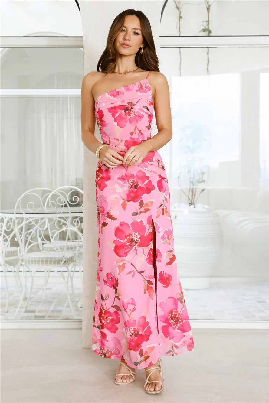 Evening Serenade One Shoulder Maxi Dress Pink